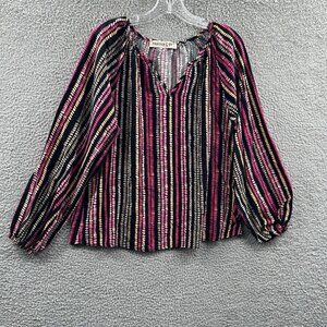 Fourteen 9th Womens Top Large Black Pink Striped Pullover Long Sleeve Shirt